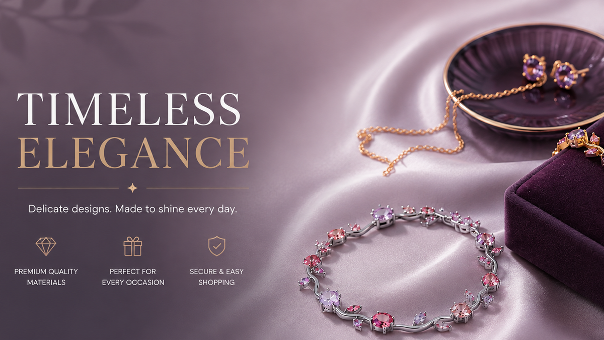 A jewelry display featuring a gold chain necklace and two matching bracelets with pink gemstones, styled on purple velvet boxes and draped satin fabric. The left side contains promotional text reading 'TIMELESS ELEGANCE' and smaller marketing copy.
